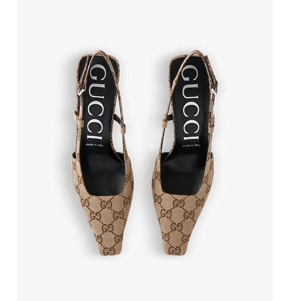 GUCCI Beige Ebony Monogram Canvas Demi Pump Mule Heels - Size 37 US 6.5